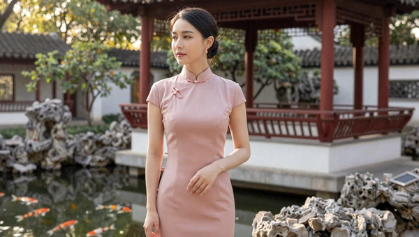 Elegant Chinese woman in modern dress near traditional Chinese garden with red pavilion at golden hour
