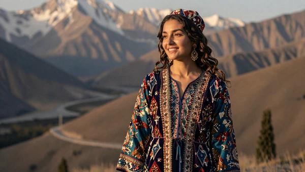 Beautiful Tajik woman in vibrant dress with Pamir mountain landscape in background