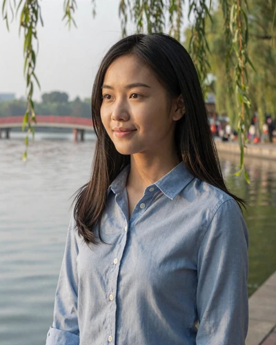 Linh, 26, Vietnamese woman from Hanoi in a blue chambray shirt beside a scenic lake