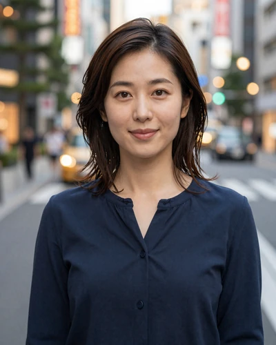 Yuki, 30, Japanese woman from Tokyo in a navy blouse with warm city lights in the background