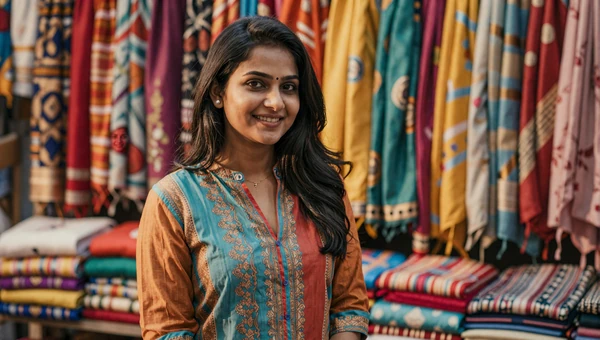 Beautiful Indian woman at a vibrant market with colorful textiles and warm golden light
