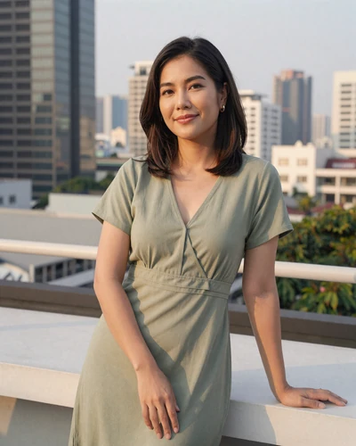 Kannika, 27, Thai woman from Bangkok in a sage green dress at a rooftop terrace at sunset