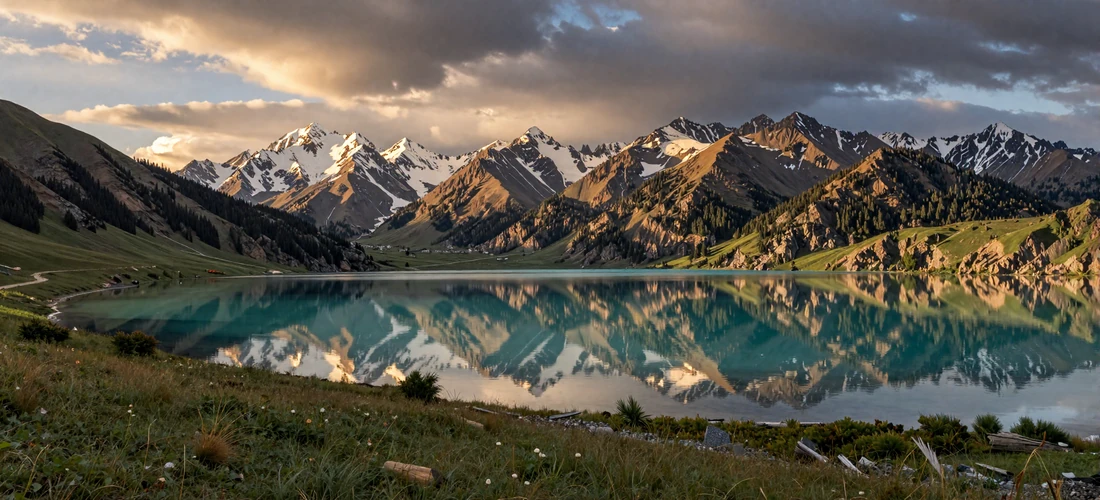 Breathtaking panoramic view of Issyk-Kul lake surrounded by snow-capped Tian Shan mountains and lush alpine meadows under golden hour sunlight in Kyrgyzstan