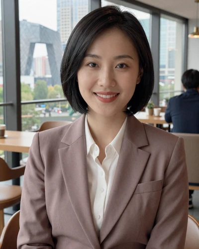 Ying, 29, Chinese woman from Beijing in a modern cafe wearing a dusty mauve blazer
