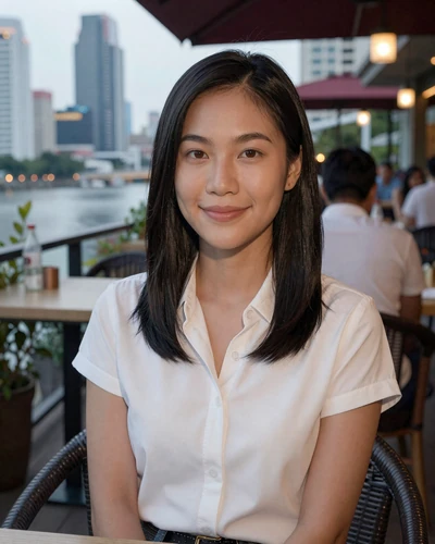 Naree, 27, Thai woman from Pattaya sitting at an outdoor restaurant with a calm smile